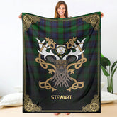 Stewart Old Modern Tartan Crest Premium Blanket - Celtic Stag style